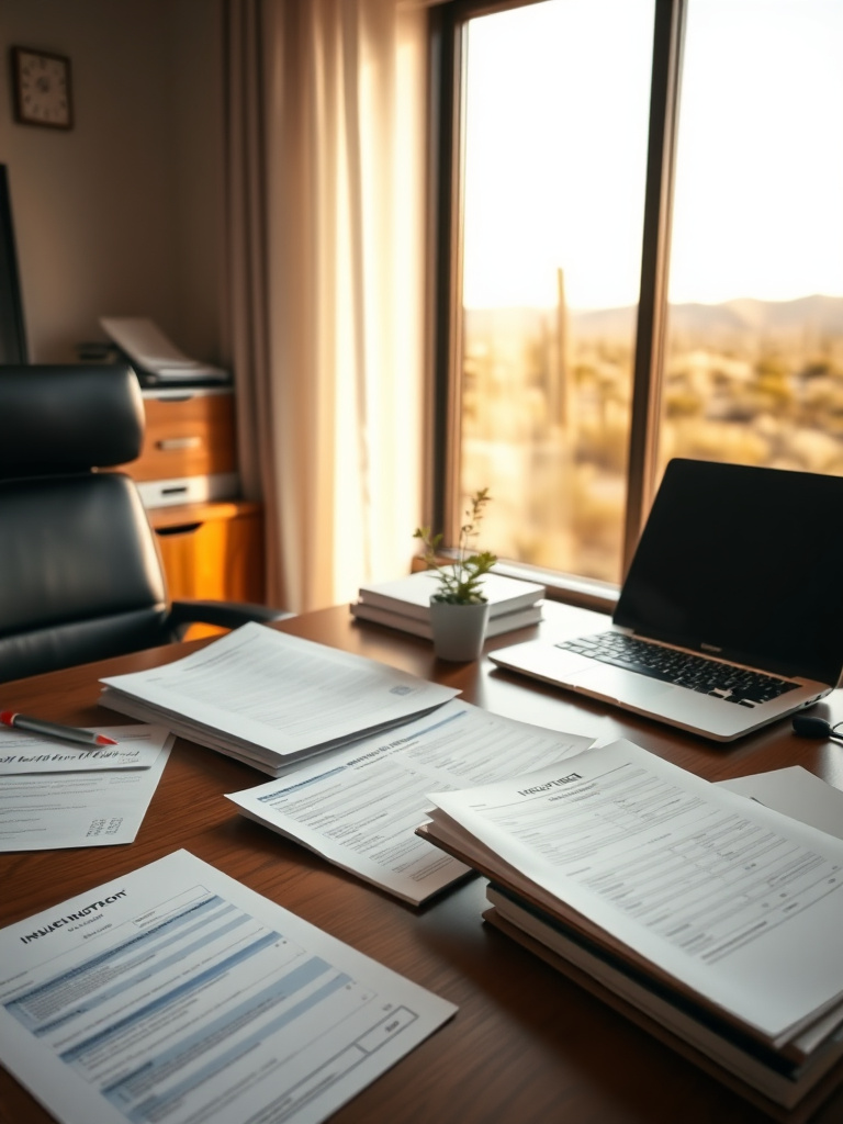 Independent insurance agent reviewing policy paperwork at a desk with Arizona desert light through the window